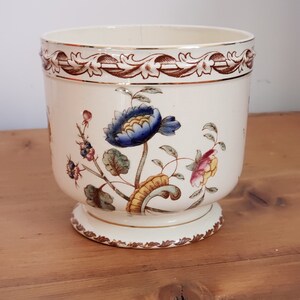 May include: A white ceramic planter with a brown and gold rim and floral design. The planter features a blue, yellow, and pink flower with green leaves.
