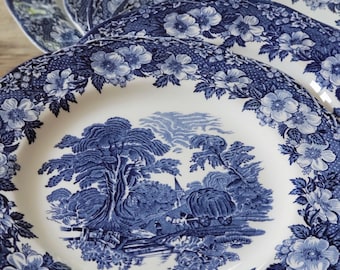 English blue and white ironstone service, English tableware, Woodland by Enoch Wedgwood