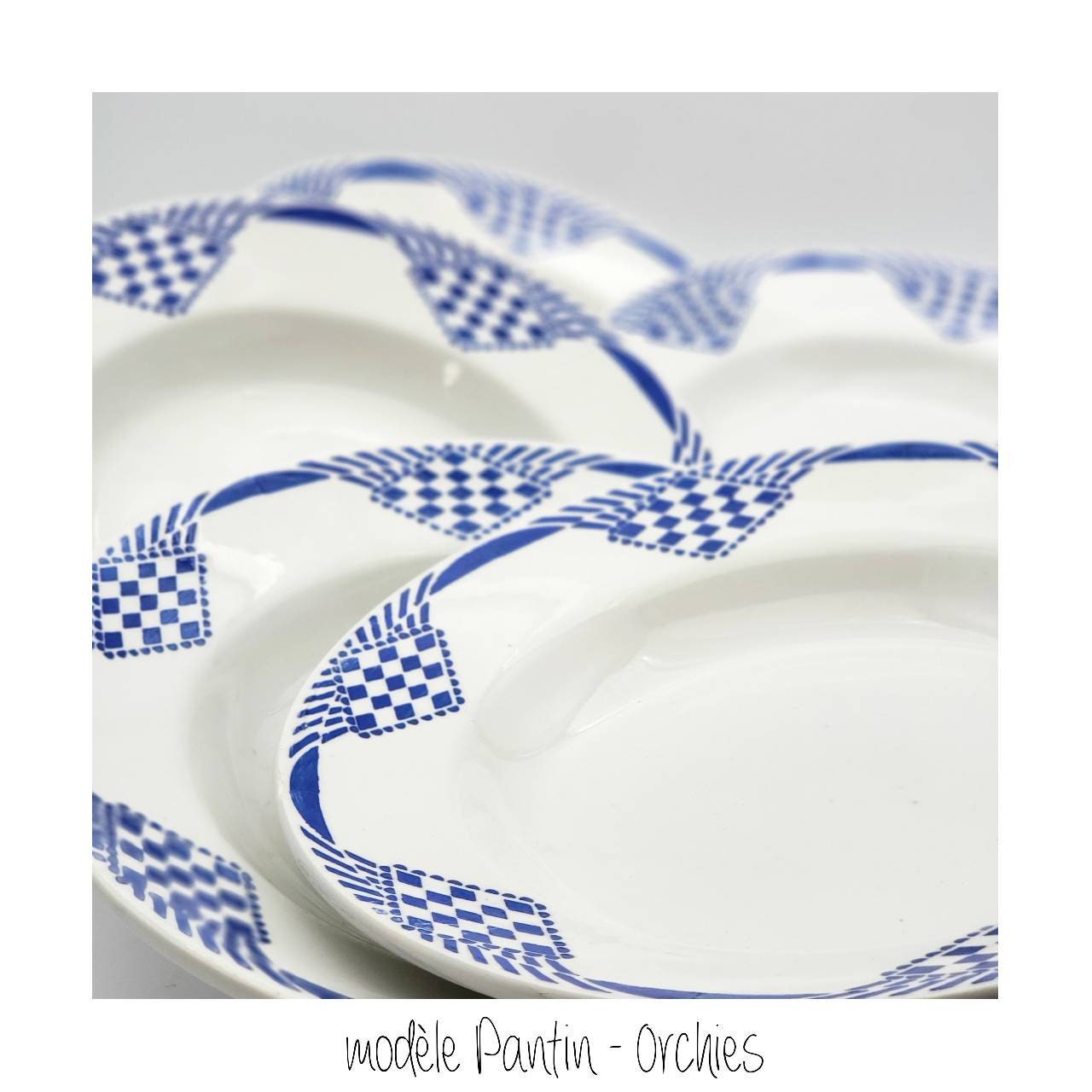 Assiettes et Soupière Bleues Blanches d'orchies , Vintage Français avec en Cadeau, Assiette Terre de