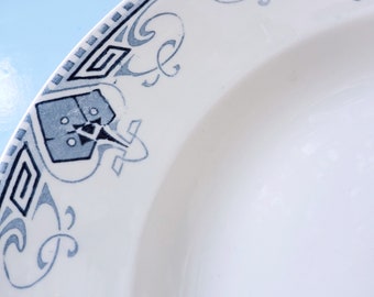 Antique Sarreguemines dishes - Germaine model in white and blue ironstone with art deco motifs - cottagecore