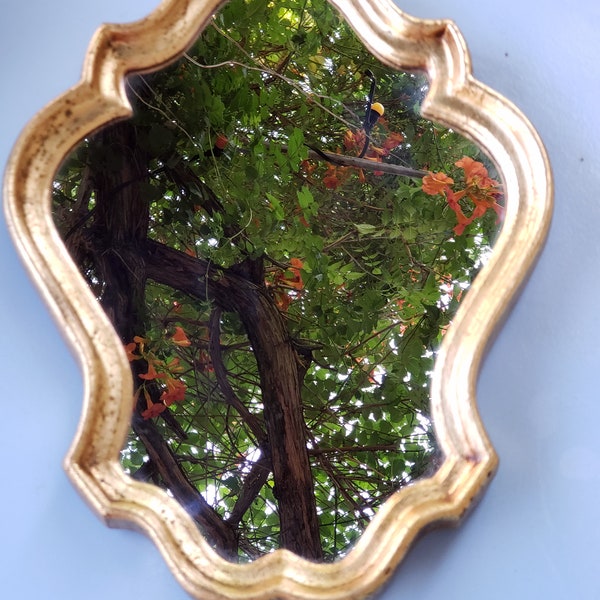 Petit miroir en résine couleur or avec une jolie patine d'aspect vieilli - miroir rétro - miroir ancien doré