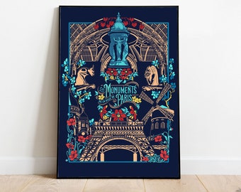 Affiche "Les Monuments de Paris" - Version foncée - Format A3