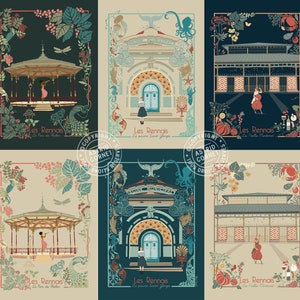 Cartes postales de Rennes x6 avec enveloppes - Version foncée et claire
