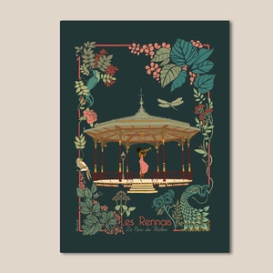 Może przedstawiać: Ilustracja w stylu vintage przedstawiająca estradę w parku, otoczoną kwiatową ramką. Estrada jest jasnobrązowa z zielonym dachem, a na scenie stoi kobieta w różowej sukience. Na dole ilustracji widnieje tekst "Les Rennais" i "Le Parc du Thabor".