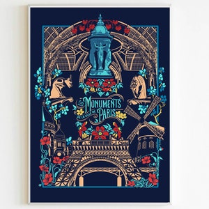 Poster A4 Paris "Les Monuments de Paris" dark version