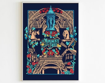 Poster A4 Paris "Les Monuments de Paris" dark version