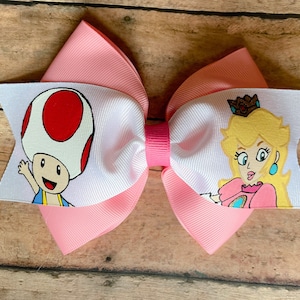 Peach and Toad hand painted hair bow, Mario Bros, Mario Brothers, Super Mario hair bow, hair bow, Nintendo, Princess Peach