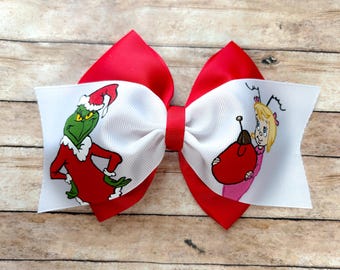 Hand-Painted Grinch Hair Bow: Dr. Seuss Christmas Ribbon Clip