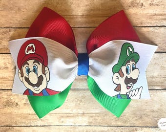 Mario and Luigi hand painted hair bow, Mario Bros, Mario Brothers, Super Mario hair bow, hair bow, Nintendo,