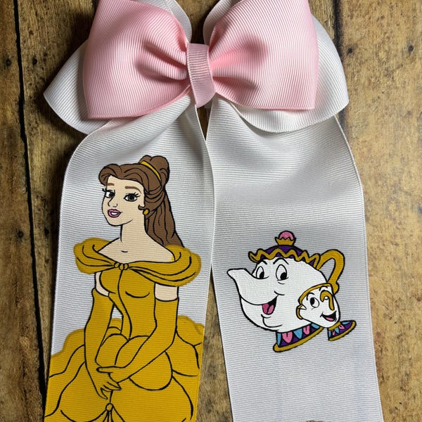 Disney Beauty and the Beast hand-painted hair bow: Belle, Ms. Potts, and Chip