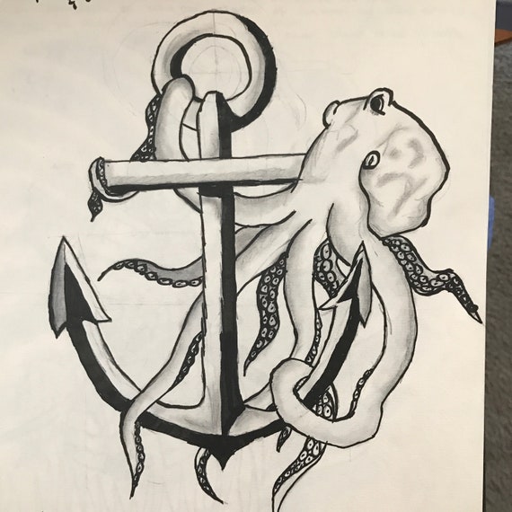 Octopus and Anchor Pencil Drawing | Etsy