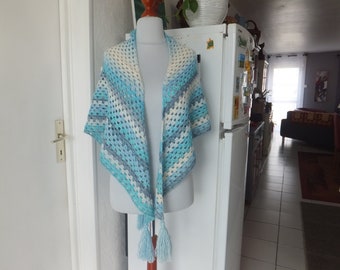 Crochet shawl, majority cotton yarn, gradient of blue