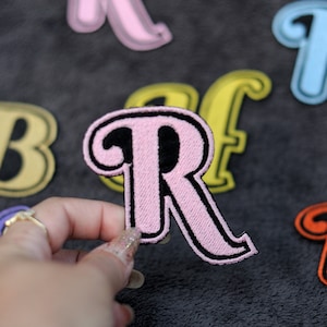 4 Pieces Iron on Letters Embroidered Patches on black satin material, Embroidered Iron on Letter Applique