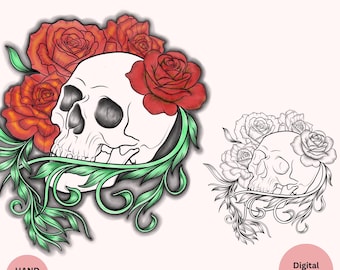 Skull and Roses Tattoo Design – Gothic Floral Line Art (Digital Download)
