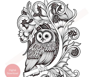May include: Black and white line art illustration of an owl perched on a branch with intricate floral designs. The owl has large, round eyes and detailed feathers. The floral designs are elaborate and swirling, creating a whimsical and elegant aesthetic.