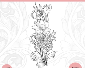 Aangepast tattoo-ontwerp met 2 geboortebloemen: gepersonaliseerde bloemenlijnkunst (digitale download) Verticale tattoo