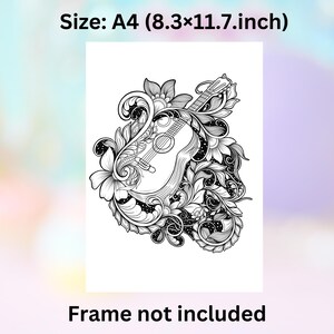 Handgetekende zentangle-gitaarkunstprint met bloemdessin - zwart-wit A4-muurdecoratie, gratis expresverzending