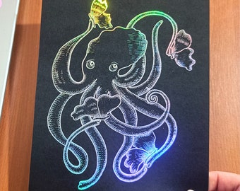 Süsser Oktopus mit Schmetterlingen Druck, Oktopus Wandfolie Kunstdruck, Handgezeichneter Oktopus Druck, Geschenk Print, Oktopus Liebhaber Geschenk Kunst