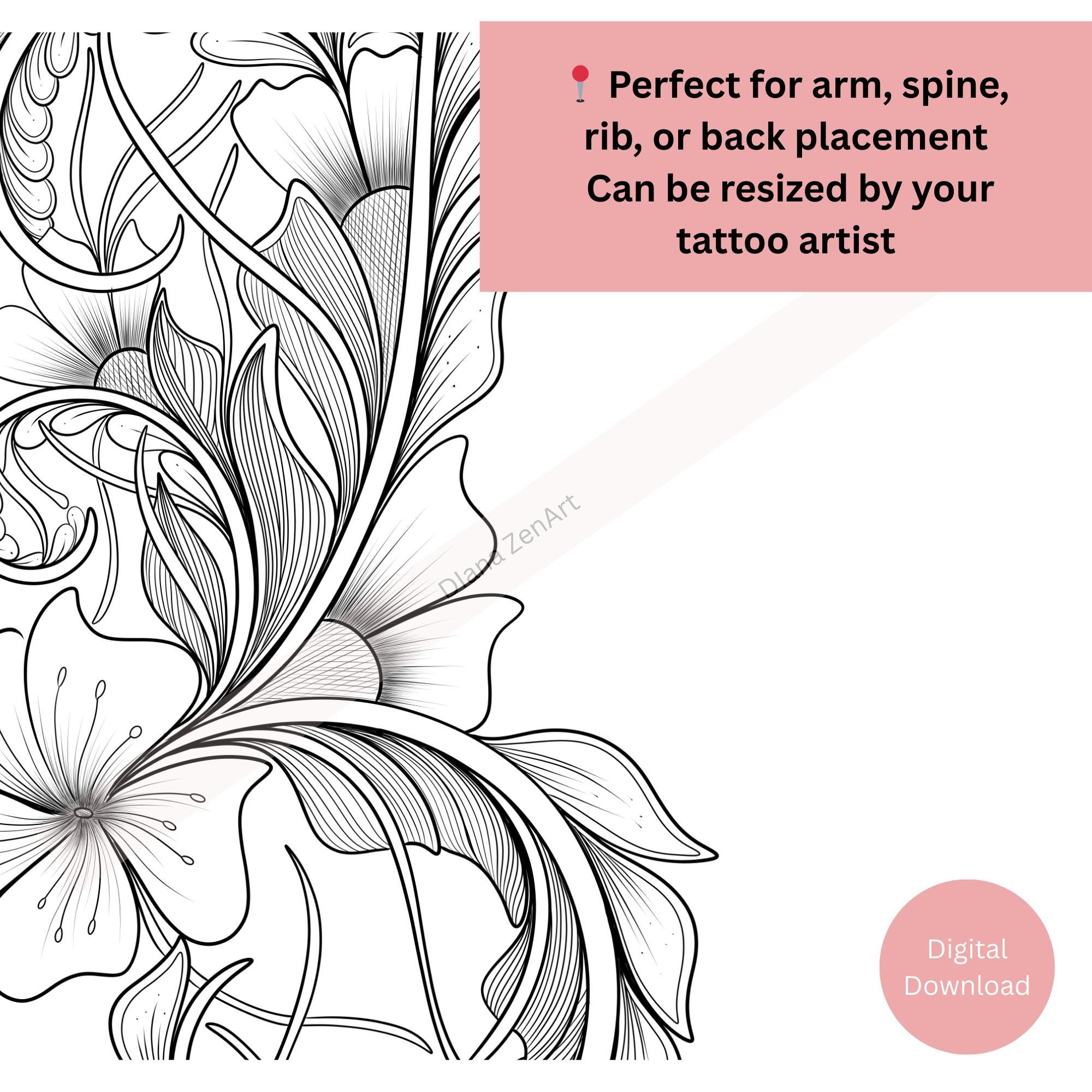 Elegant Floral Tattoo Design: Botanical Line Art (digital Download) - Etsy