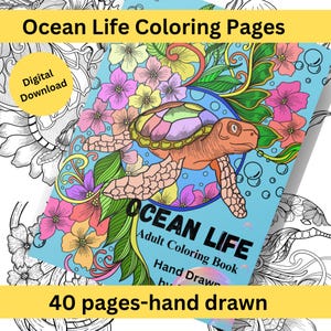 Ocean Life Coloring Pages - 40 Printable Adult Coloring Book - Hand-Drawn Sea Creatures PDF - Instant Download Art Therapy