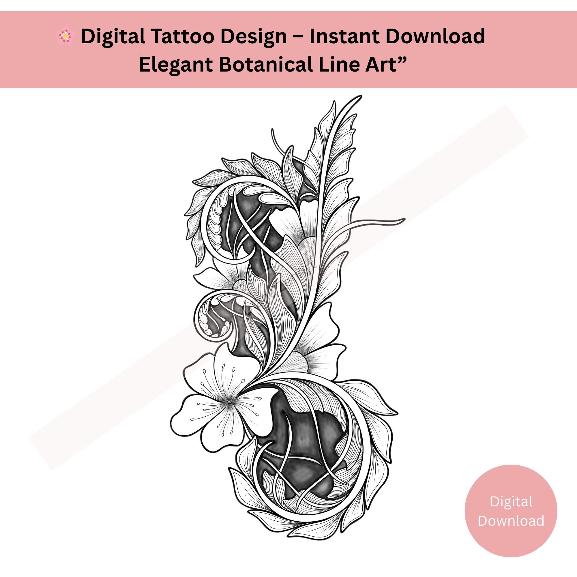 Elegant Floral Tattoo Design: Botanical Line Art (digital Download) - Etsy