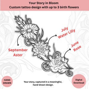 Benutzerdefinierte Geburtsblumen Tattoo Design • Vertikale Line Art • Bis zu 3 Blumen • Unterarm oder Wickeltattoo-Idee