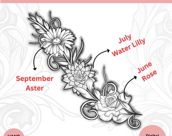Custom Birth Flower Tattoo Design: Vertical Line Art (Digital Download, PNG & PDF Files)