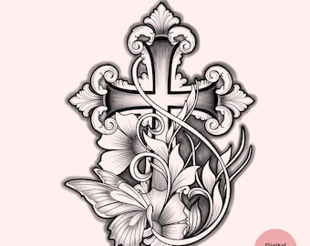 Cross Butterfly Floral Design for Women – Faith Symbol, Spiritual Linework Illustration, Printable Wall Decor Digital Download