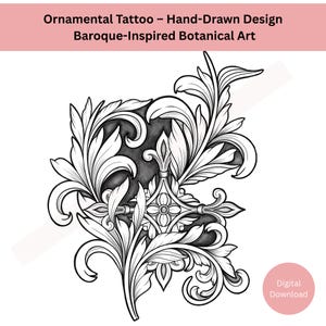 Baroque Botanical Tattoo Design: Hand-Drawn Elegant Line Art (Digital Download)