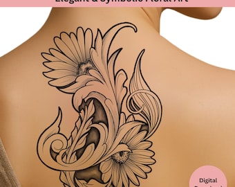 Disegno del tatuaggio di un fiore di margherita: stencil ornamentale (PNG e PDF) download digitale