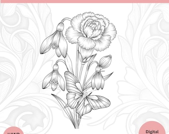 January Birth Flower Tattoo Design • Carnation & Snowdrop Line Art • Minimalist Floral Tattoo • Instant Download