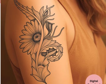 Daisy Spine Tattoo Design • Ornamental Flower Tattoo • Line Art & Shaded PNG • PDF Download
