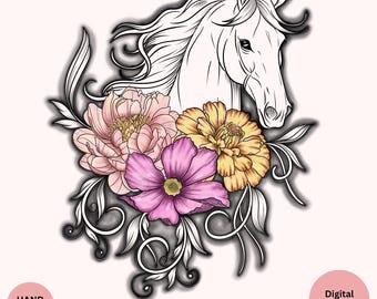 Custom Horse & Birth Flower Tattoo Design • Personalized Floral Art (Digital Download)