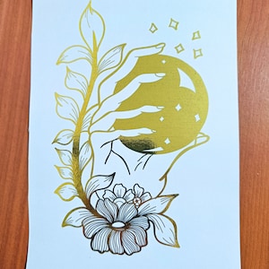 Hand with Crystal Ball and Flower Design Foil Print, Zentangle Art Foil Print Home Decor, Gift for Birthday, Wall Foil Art,Silver Foil Print