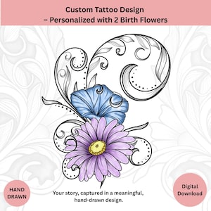 Custom 2 Birth Flower Tattoo Design | Personalized Floral Line Art | Symbolic Family Tattoo | Digital Download