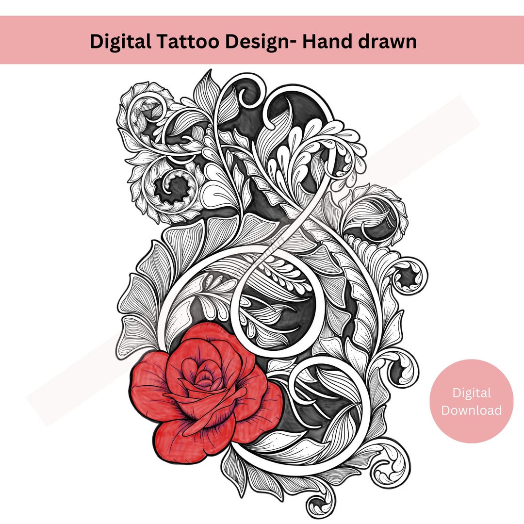 Red Rose Tattoo Design: Hand-drawn Floral Line Art (PNG PDF) - Etsy