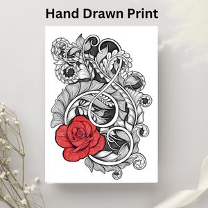 Impresión artística de rosa roja zentangle - Arte floral de pared dibujado a mano - Obra simbólica y consciente - Envío exprés con DHL
