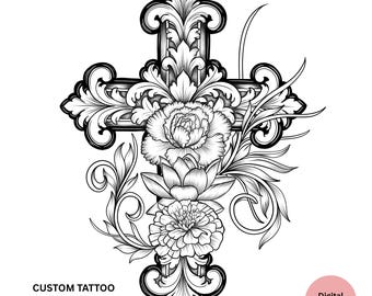 Custom Birth Flower Cross Tattoo Design, Memorial Printable, Family Floral Personalized Tattoo
