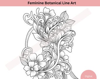 Puede incluir: Diseño de tatuaje floral en blanco y negro con el texto "Floral Tattoo Design Feminine Botanical Line Art". El diseño presenta un detallado arte lineal botánico con flores, hojas y patrones arremolinados. Un círculo rosa con "Digital Download".