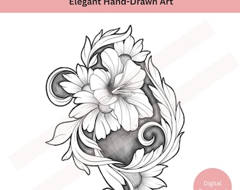 Ornamental Floral Tattoo Design • Hand-Drawn Elegant Flowers • Printable Tattoo Flash • Digital Download
