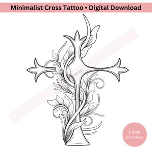 Minimalist Cross Tattoo Design – Spiritual Floral Line Art PNG PDF – Hand-Drawn Symbol of Faith & Protection