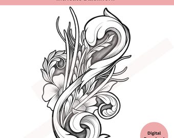 Ornamental Floral Tattoo Design • Digital Download PNG • Line Art + Shaded • PDF Included