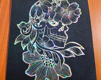 Skull and Flower Foil Art Print, Zentangle Floral art and Skull Design Foil Print, Gold Foil Print, Silver Holographic Foil Print