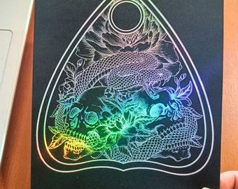 Tête de mort et fleurs : plaque imprimée métallisée avec motif floral et serpent, cadeau pour les amateurs de Ouija, impression feuille d'or, impression feuille holographique