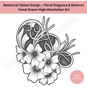 Elegant Floral Tattoo Design • Hand-Drawn Line Art with Botanical Ornaments • Symbol of Renewal & Feminine Energy
