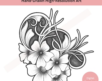 Puede incluir: Diseño de tatuaje botánico en blanco y negro con elementos florales y patrones arremolinados. El diseño incluye flores y hojas detalladas, con el texto "Botanical Tattoo Design - Floral Elegance & Balance Hand-Drawn High-Resolution Art" en la parte superior y "Digital Download" en la parte inferior.