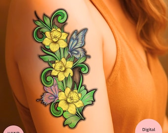 Daffodil Butterfly Tattoo Design – Spring Floral Illustration (Digital Download)