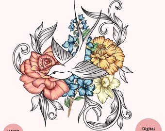 Custom Bird & Birth Flower Tattoo Design • Hand-Drawn Floral Art (Digital Download)