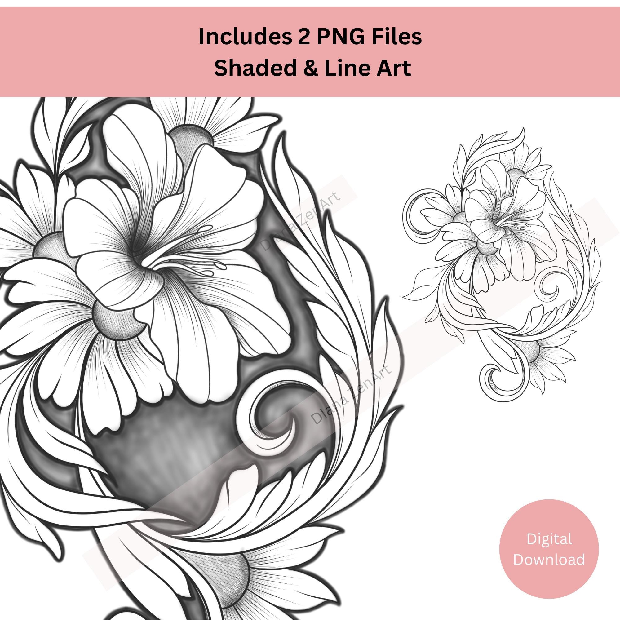 Ornamental Floral Tattoo Design • Hand-drawn Elegant Flowers ...