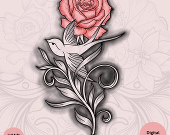 Rose and Bird Tattoo Design • June Birth Flower (Digital Download)